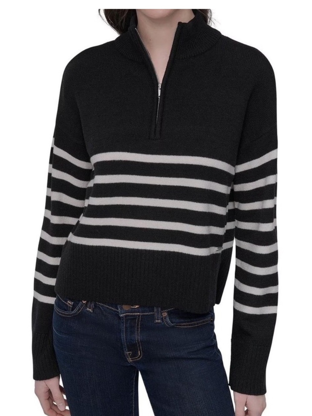 DKNY Black & White Striped quarter Zip  Sweater. XXL